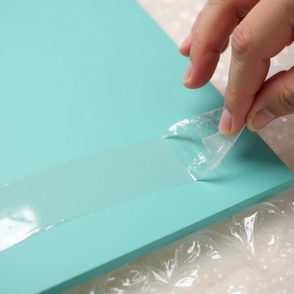Close-up of a person applying adhesive tape to a teal surface. Tape is clear with a gel-like look. Person's hand peels protective layer off tape. Light wood table with bubble wrap in the scene. Soft lighting enhances minimal aesthetic.