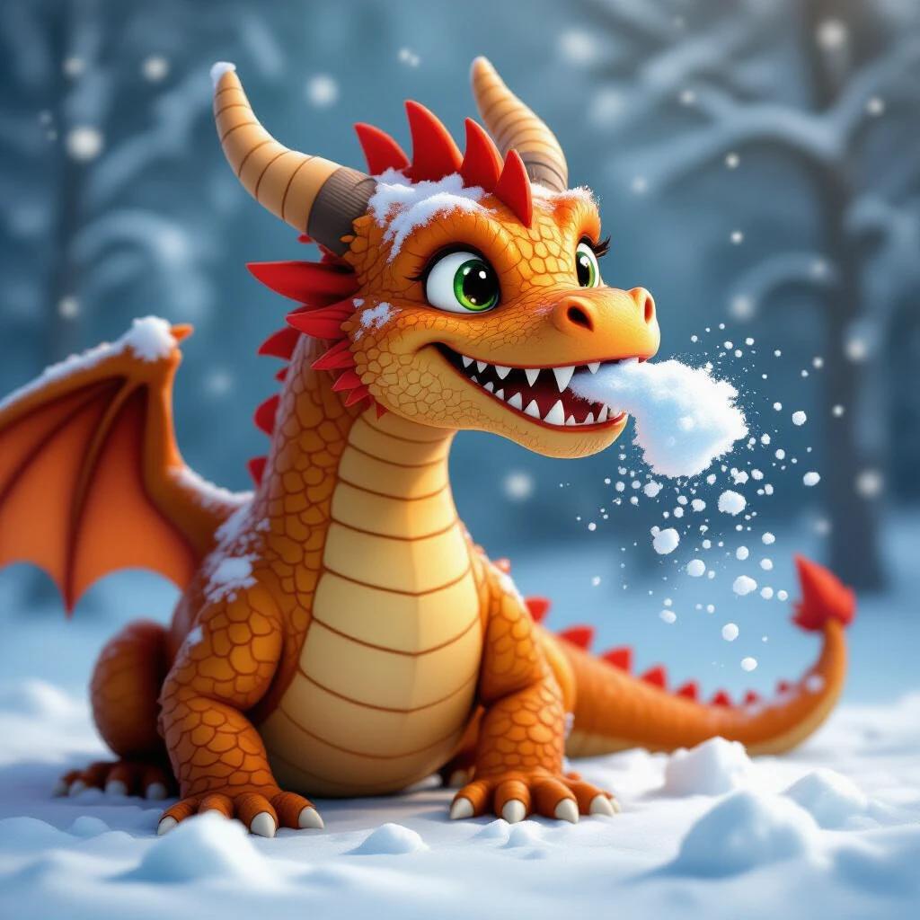 A cartoon dragon blowing snow from its mouth. The dragon is smiling and has bright orange scales. It is sitting in a snowy landscape surrounded by pine trees.