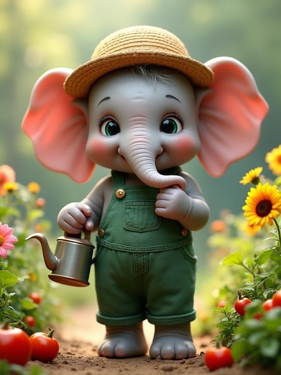 Cute baby elephant with straw hat and green overalls holds watering can in garden among colorful flowers and vegetables. Sunny background with soft lighting. Photorealistic style.