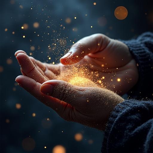 Hands hold sparkling stardust against a dark background with glowing particles.