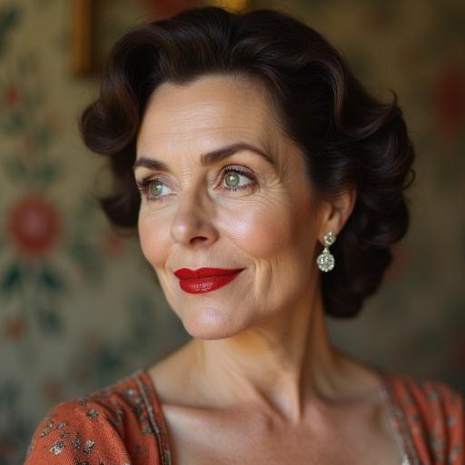 Portrait of a beautiful 60-year-old housewife with facial wrinkles. She has a classic 1950's hairstyle and is slightly smiling with closed mouth. Green eyes and big red lips complete her look. Wears diamond hair rings. Floral wallpaper visible in the background with a slightly side view and a tiny nose.
