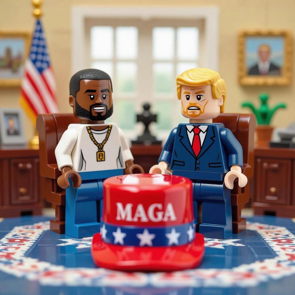 Kanye West and Donald Trump represented as Lego characters in a Lego Oval Office setting. A red MAGA hat is prominently featured on the table between them. The background is decorated with American flags and presidential motifs.