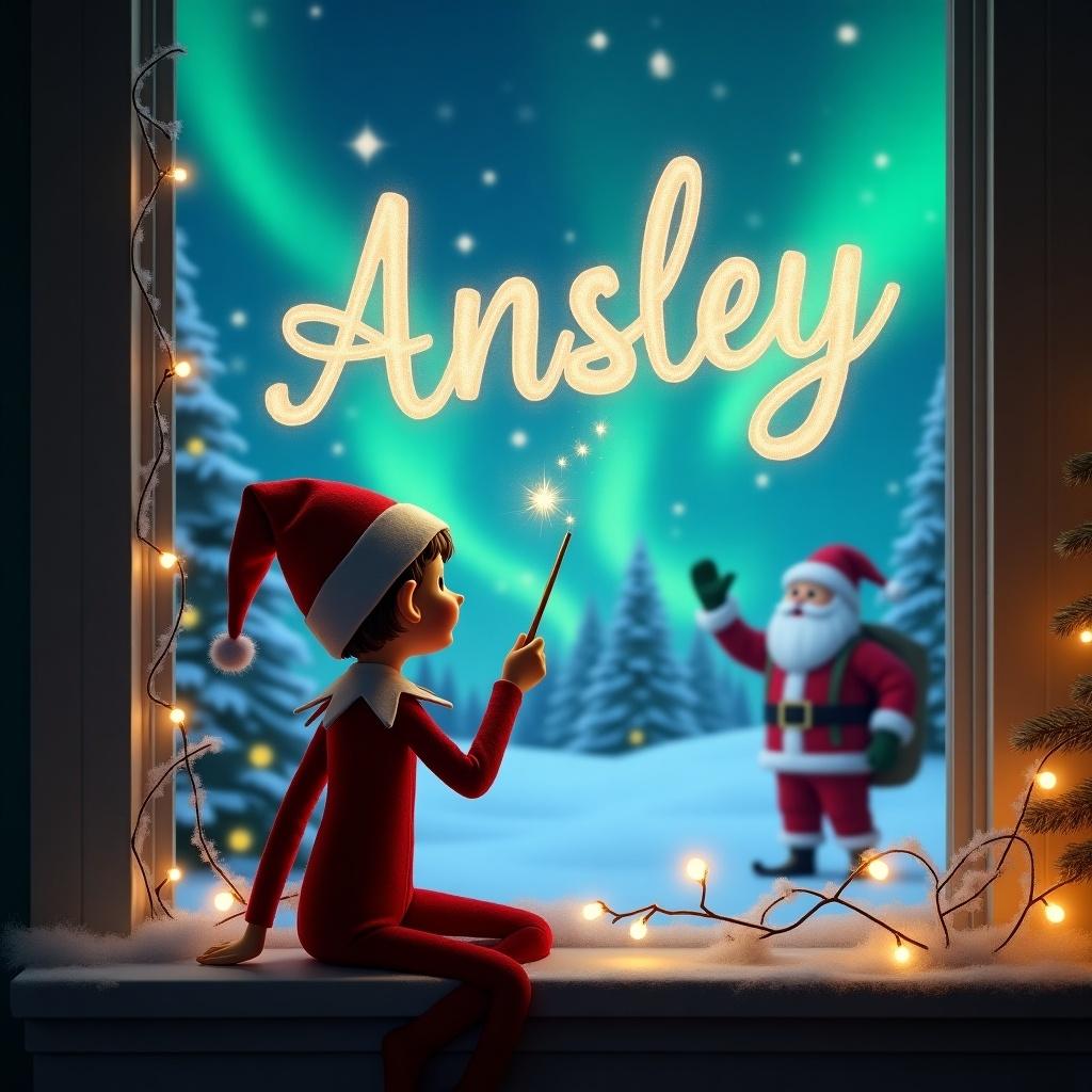 An elf on the shelf sits with his back to the viewer, facing a dazzling sky. He points a wand towards the heavens, magically writing the name 'Ansley' in elegant script. The background features a picturesque Christmas scene with snow-covered trees and twinkling lights. Santa can be seen nearby, adding to the magical atmosphere. The scene is illuminated by vibrant northern lights, creating a warm and festive feel. This enchanting holiday image captures the spirit of Christmas and the joy of childhood imagination.