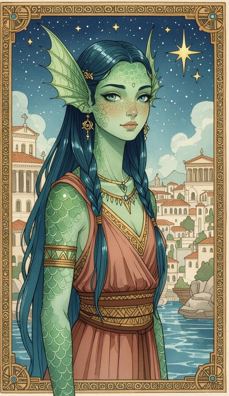 Illustration of a Triton female with green-blue scaled skin and finned ears. The character has long blue-green hair dressed in ancient Greek clothing. She stands in front of a fantasy port city with a starry background. The image features a candid depiction of an amphibious character.
