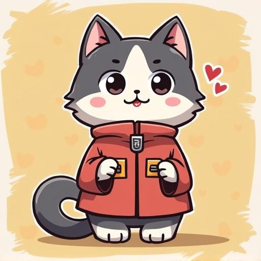 A cartoon cat in a red jacket stands happily. The cat has a friendly expression with big eyes and a small tongue sticking out. A light yellow background features heart shapes adding to the cuteness.