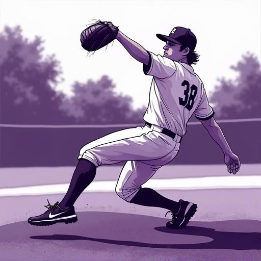 A cartoon male baseball pitcher is shown in mid-delivery on a baseball diamond. Background features black and white baseball field elements with a purple diamond. Layout emphasizes the motion and technique of pitching.