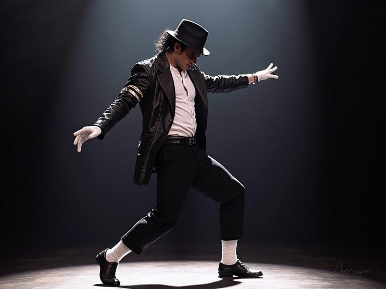 Stylish character performs dance move wearing black fedora white glove shiny jacket black pants with white socks spotlight on stage dramatic pose energetic atmosphere.