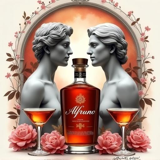 Digital artwork featuring two statuesque figures, a man and a woman, with light gray skin. They hold decanters with amber liquid. An ornate archway supports them. The center has a bottle labeled Alfruno in cursive on a dark background. Two cocktail glasses are on each side. Background has watercolor effect in warm hues and floral line art.