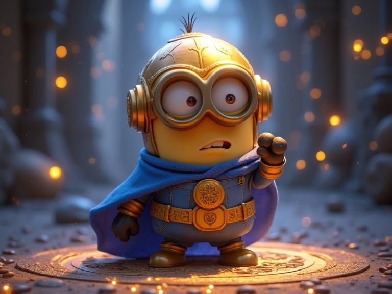 A 3D animated minion is dressed as Doctor Fate. The minion wears a glowing golden helmet and a blue cape. Ancient runes are floating in the air. The minion stands in a cosmic portal surrounded by a mystical atmosphere.