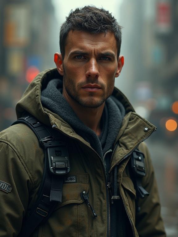 Photorealistic image of a fictional man in a modern city setting. He wears a green jacket with a gray hoodie. Background shows a blurred urban environment with soft lighting.