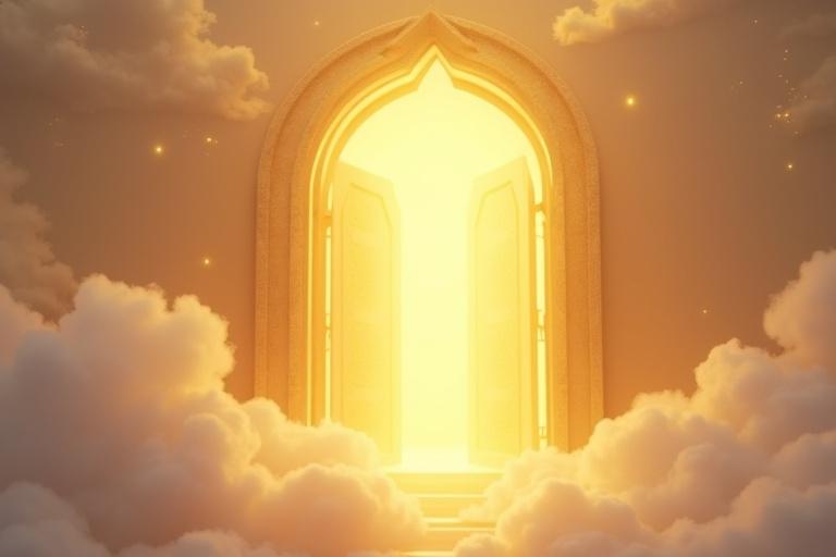 Symbolic illustration of beautiful golden gate slightly open in glowing light. Representing entrance to Jannah (Paradise). Soft heavenly clouds and radiant light surround the gate. Foreground has small object like thorn or branch fading into light. Mood is serene and full of hope.