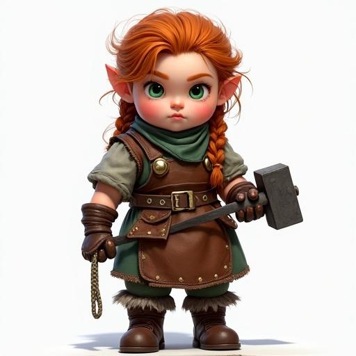 Character reference of a female dwarf in A-pose. Features ginger braided hair and green eyes. Thick, muscular body with wide hips and curvy stature. Dressed in leather accessories. Holding a big hammer in one hand. Serious yet sweet expression. No background.