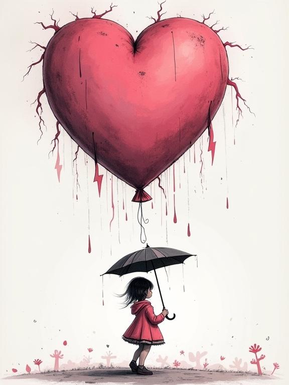 A surreal scene featuring a heart-shaped balloon with lightning bolts. A figure holds a tiny umbrella, trying to shield themselves. Soft dusty pink, stormy lavender, and ink black colors are present. Background is minimalist. Text included is 'I feel everything too loud.' The style is whimsical emotional surrealism with hand-drawn shading, featuring grainy texture.