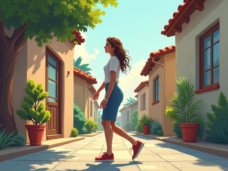 Side view of a woman walking in her neighborhood. Urban setting with houses and plants. Bright colors and sunny atmosphere. Two-dimensional style.