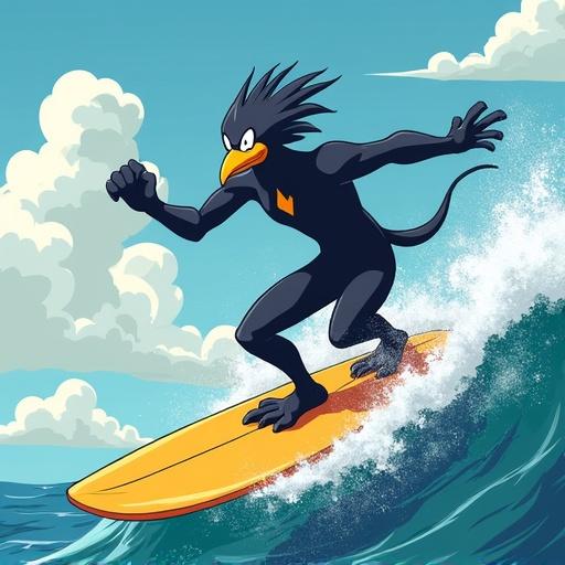 Cartoon bird-like character surfing on a wave with a surfboard. Colorful background with clouds and ocean. Bright and energetic vibe. Fun and playful scene.