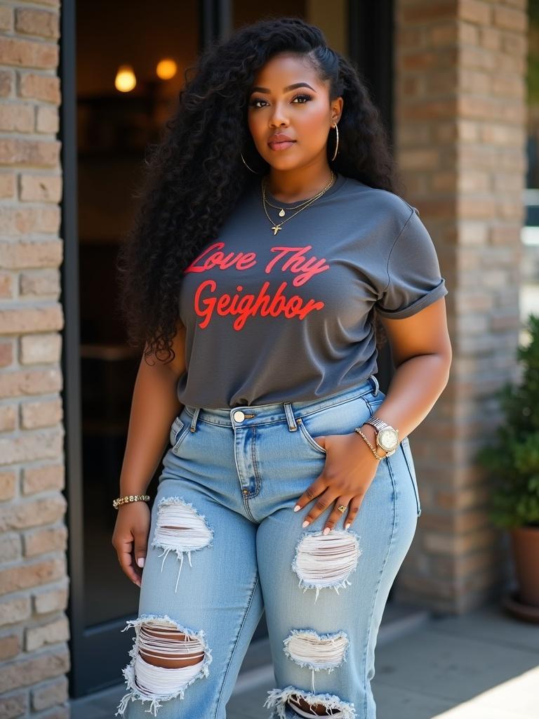 A confident plus-size woman poses in an urban setting. She wears a dark gray t-shirt with red cursive text saying 'Love Thy Neighbor' and light wash distressed jeans. Her long curly hair is styled in layers. Accessories include gold jewelry and Air Max Nike sneakers. The background is a soft, warm-brick storefront. The scene conveys a blend of urban and trendy fashion.