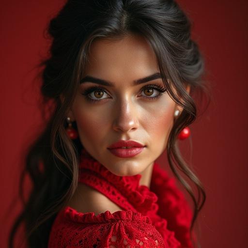 Spanish woman in a red dress. Captured in a highly detailed digital painting. Features include intricate elements, high resolution, and cinematic postprocessing. Portrait showcases beauty with dynamic lighting and imperial colors.