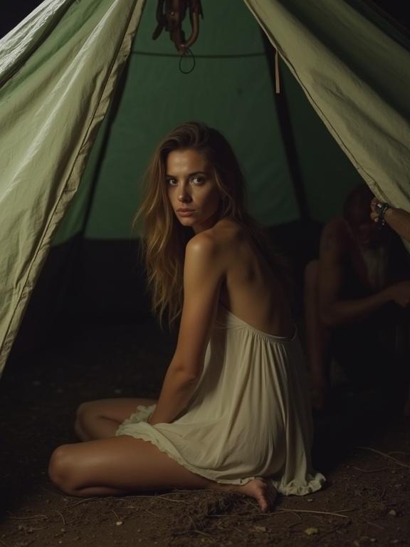 A woman in a slip dress sitting inside a dimly lit tent. The fabric is light and barely covers her. The scene has a rough, untidy look. Surrounding her are rugged people, suggesting a hard environment. The photo has low resolution and contains saturation, showing vibrant yet unnatural colors.