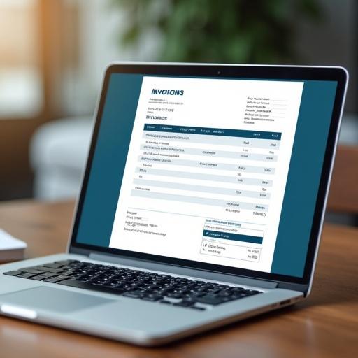 Create an image of a paper invoice on a desk. It partially converts into a digital document on a laptop display. Highlight the shift from traditional to modern invoicing.