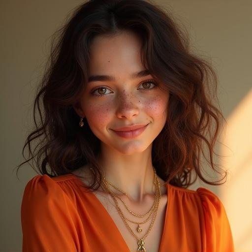 Digital painting of a freckled teenage girl with dark brown hair. She is wearing an orange silk blouse and gold necklaces. The girl is smiling serenely and facing the viewer. The background features a subtle gradient with warm colors. Soft natural lighting creates a warm atmosphere. The focus is on the girl's features, hair texture, and elegant clothing.