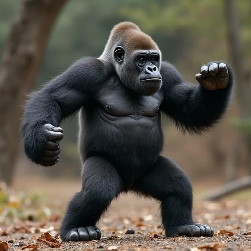 A muscular gorilla is positioned as if dancing. It stands on two legs with a strong posture. The background features a natural forest setting, with blurred trees and earthy tones.
