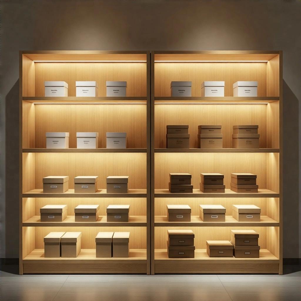 Realistic wooden retail shelving system with four oak-textured shelves in a clean and minimalist design. Each shelf displays neatly arranged products with warm ambient lighting creating soft shadows. The image captures photorealistic details with a focus on clarity and organization.