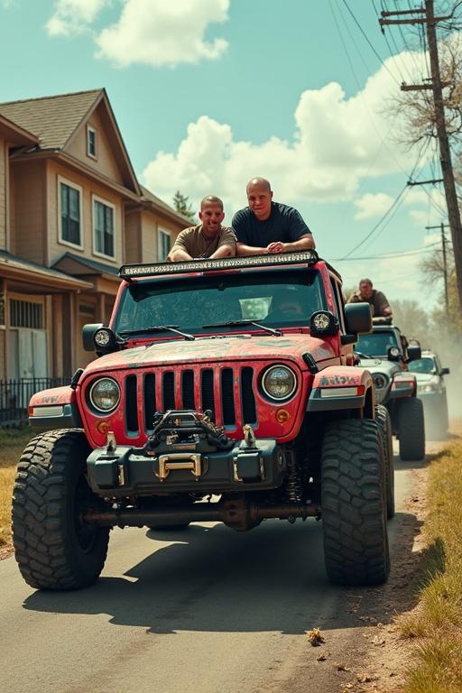 Three large Jeeps with colorful graffiti drive down a dirt road. Two men stand on the hood of the lead Jeep. They are muscular and bald. Loud music plays from powerful speakers. They appear adventurous and bold. Dust kicks up from the tires. Houses line the road.