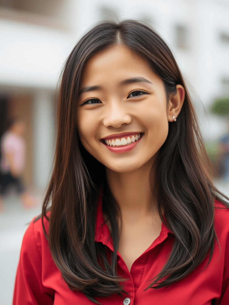 A person with long brunette hair, wearing a red shirt, is smiling brightly against a blurred outdoor background.