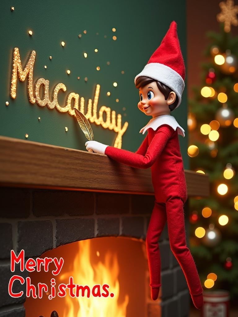 A cheerful Christmas card features a mischievous Elf on the Shelf. The elf sits on a wooden mantle. The elf writes the name Macaulay in shimmering stardust. A glowing fireplace is in the image. A beautifully decorated Christmas tree is in the background. Red and green lettering states Merry Christmas, Macaulay! The scene captures the warmth and joy of the holiday season.