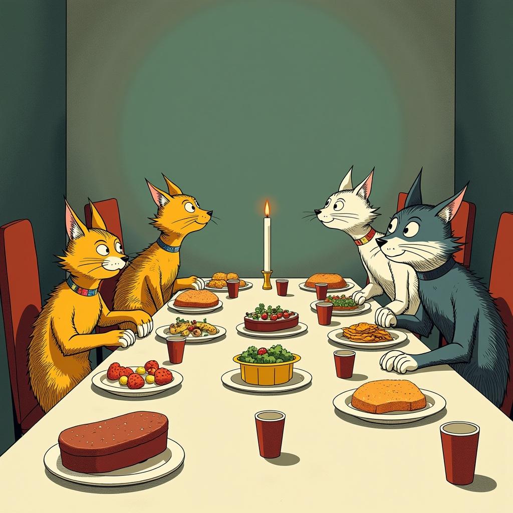 Illustration of cats sharing a feast at a table filled with food. Symmetrical viewpoint from the end of the table. Colorful cinematic style inspired by Wes Anderson. Minimalist composition with a theatrical touch.