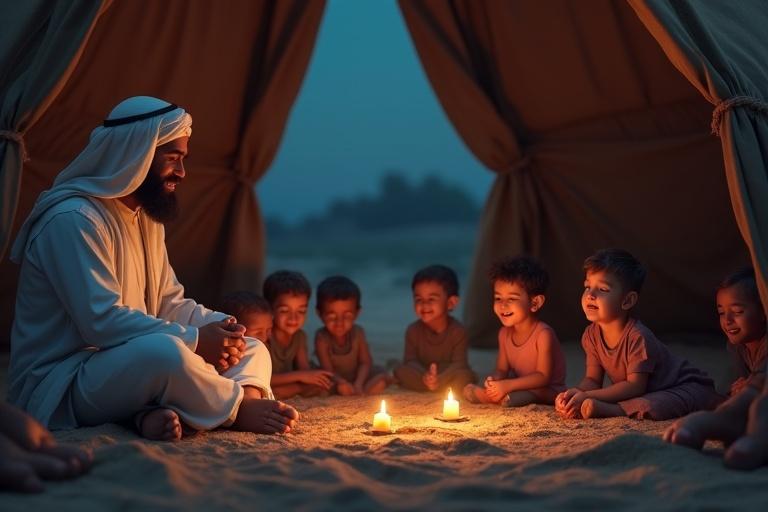 Children smiling and calmly seated inside a tent. A man with a cultural appearance watches over them. The scene is warm and inviting with candlelight in a serene night setting. It depicts storytelling with an emphasis on calm and humility.