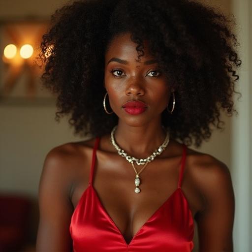 Young Black woman wearing a bold red satin dress. Natural curls frame her face. She has hazel eyes and freckles on her cheeks. Dazzling diamond jewelry enhances her outfit.