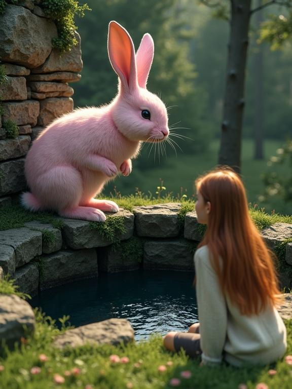Human-sized pink rabbit stands at old stone well preparing to leap. Rabbit has alert eyes and ruffled fur. Young woman with long red hair sits by the well, wearing white sweater and shows concern. Background has soft sunlight filtering through trees with deep dark well and moss-covered stones. Scene is emotional and intense.