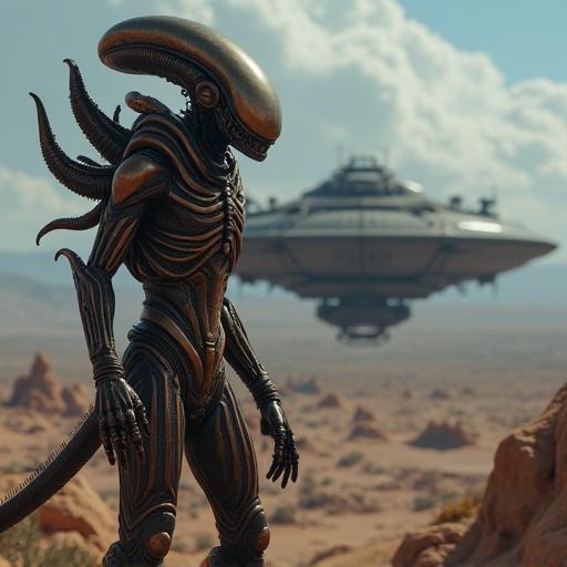 An alien warrior stands ready for action in a desert landscape. A spaceship hovers in the background. The warrior wears a sleek, dark suit. The scene is illuminated by sunlight. The environment features sand dunes and a clear sky.