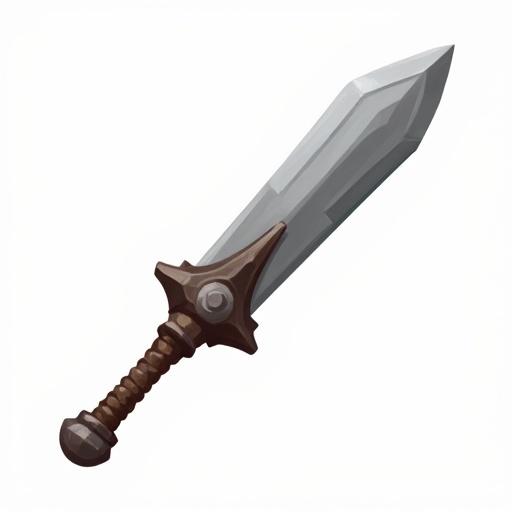 Icon of an old dull sword designed for a card game. Gray and brown colors. Style reflecting World of Warcraft with a transparent background.