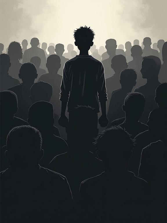 Person stands at the forefront of a faceless crowd. Individual looks nervous and overwhelmed. High contrast style used in the illustration. Crowd appears shadowy and indistinct behind the main subject.