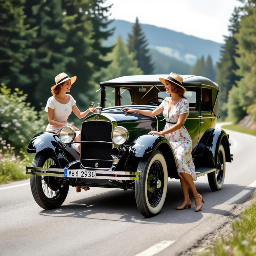 Two women standing beside a vintage automobile on a road. One woman is repairing the car while the other hands her a tool. The scene is set in a lush green background typical of the late 1920s.