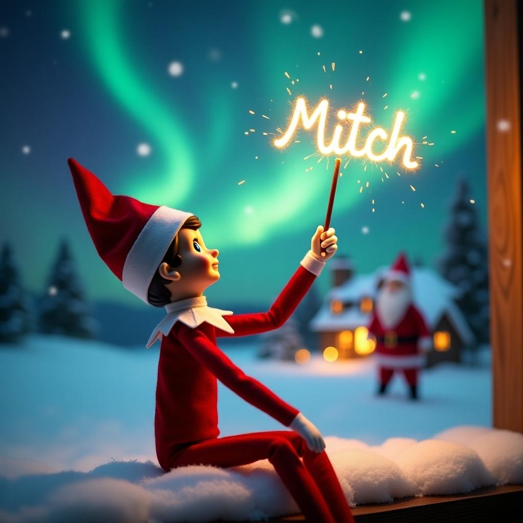 An elf on the shelf sits with its back to the viewer and gazes skyward. The elf holds a glowing wand that emits sparkling light. A charming Christmas scene with colorful northern lights above. A cozy house decorated for the holidays is in the background. Snow covers the ground. The elf embodies the spirit of magic and wonder associated with Christmas. The name 'Mitch' is written in the air using the wand. The scene captures the holiday cheer.