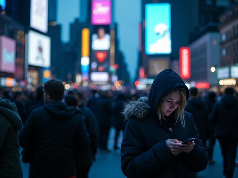 Photo shows a bustling urban plaza at twilight filled with people of various ages staring into smartphones. The cool blue light from screens illuminates their tired and expressionless faces. Everyone appears isolated despite being surrounded by others. Giant billboards in the background advertise virtual companions and AI chatbots, highlighting a paradox of modern life in the city.