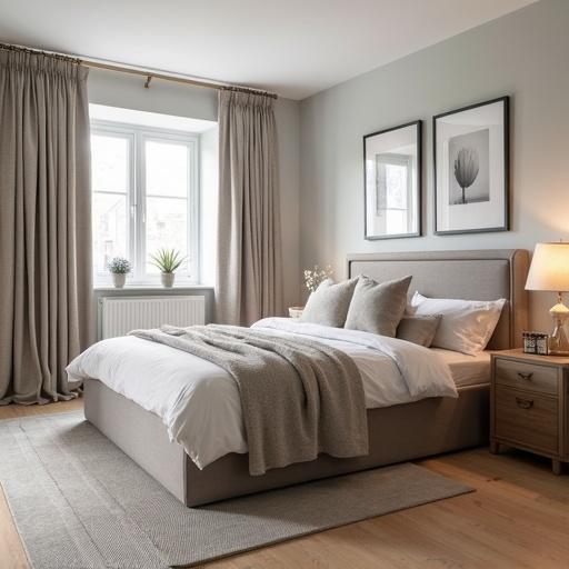 Photorealistic image of a Roscoe bed frame in a UK residential property. The bed features soft bedding and pillows. Drapes frame the windows with natural light illuminating the room. The setting is a cozy and modern bedroom.