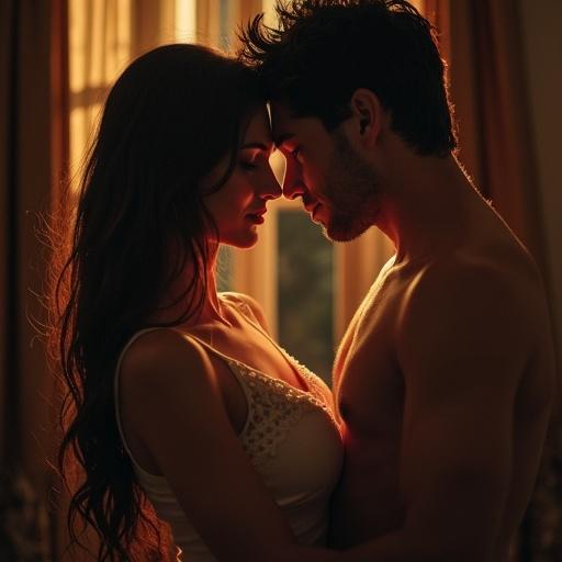 A couple sharing an intimate moment, faces close together, warm golden lighting fills the scene, emotional connection visible.