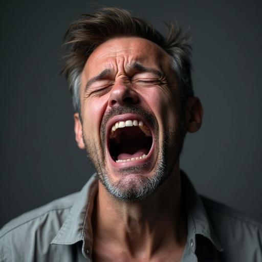 A close-up portrait of a middle-aged man expressing intense emotional pain. His eyes are shut tightly with tears streaming down his face. His hair is unkempt and skin appears sweaty. He wears a wrinkled button-up shirt. The background is dark grey, focusing on his emotional expression. Studio lighting highlights the moist texture of his skin. The image captures a brutally honest moment of helplessness and loss.