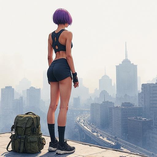 watercolor painting of slim athletic woman with short violet hair and defined graceful build wearing cropped top and tight sport shorts high platform sneakers knee socks and military-style harness stretching back and arms on rooftop army backpack beside her boots city below crumbling buildings collapsed overpasses early morning light soft shadows cold stillness