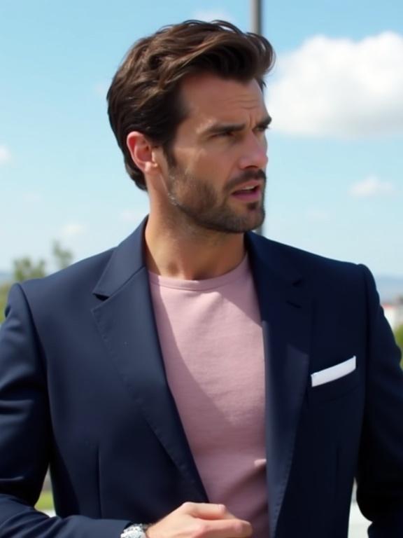 Photograph features a man with dark brown wavy hair and light stubble gazing to the left. He wears a navy blue blazer over a pink crew-neck shirt. A silver wristwatch is on his left wrist. His right hand holds the lapel. Background shows an outdoor setting with blue sky and clouds. Natural lighting highlights his features. The style is professional and sophisticated.