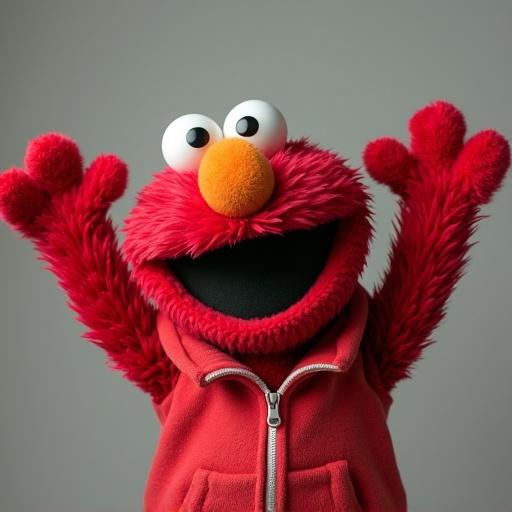 An image of Elmo with hands raised in excitement wearing a comfortable hoodie