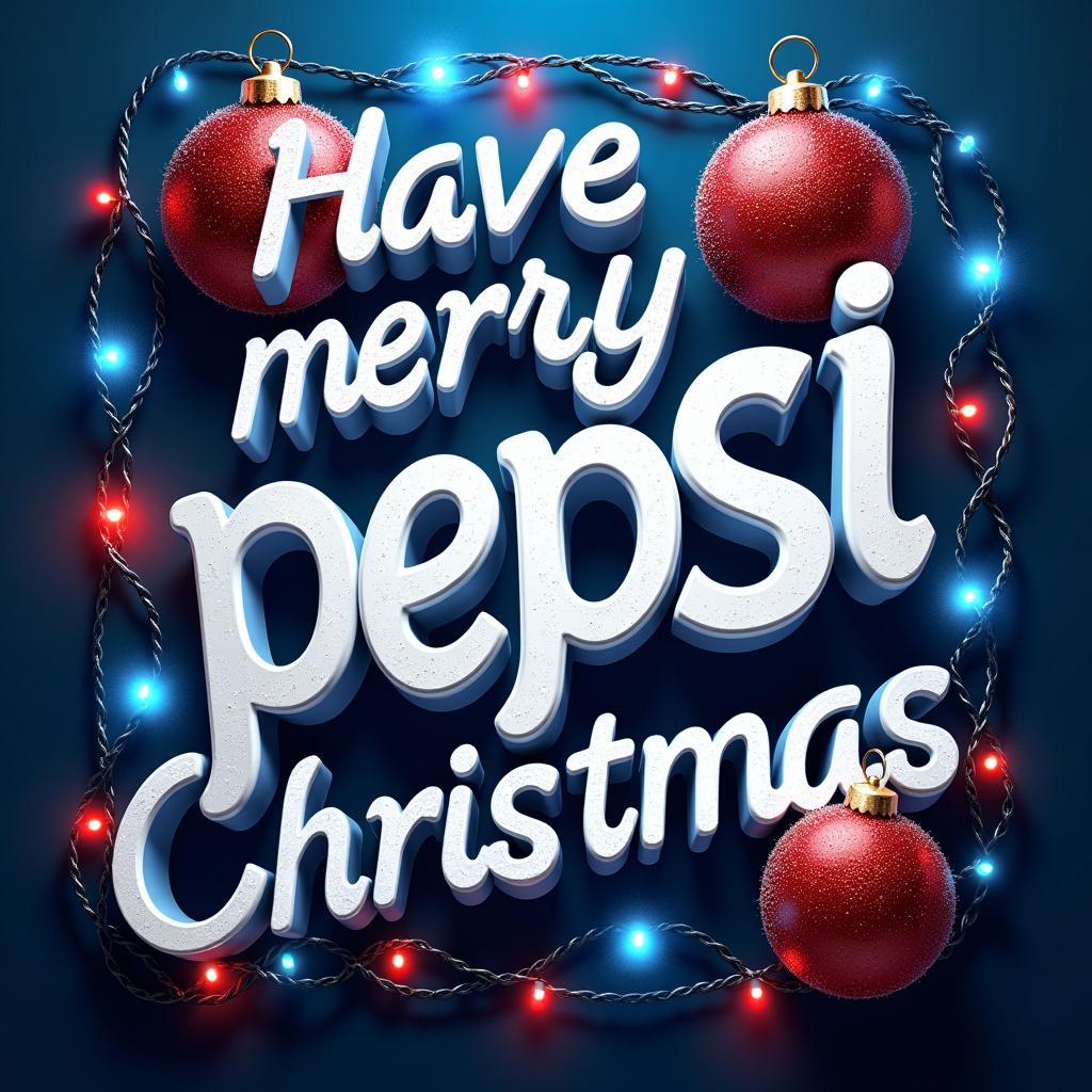 3D diagonal text in white saying Have Merry Pepsi Christmas. Includes blue red and silver ornaments. Features colorful Christmas lights.