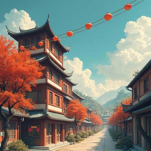 Image depicts a tranquil street scene with traditional architecture and vibrant autumn trees. The sky is clear with clouds. Lanterns hang above the street. The scene is peaceful and inviting.