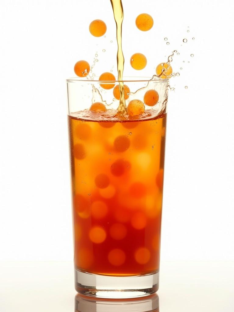 A glass filled with fiery orange liquid showcases round marbles made from Chatham granite. The marbles pour into the glass creating a splash effect. The image captures the scene with high detail and vibrant colors. The lighting is white and studio-like, isolated against a plain background, emphasizing the product's appeal.