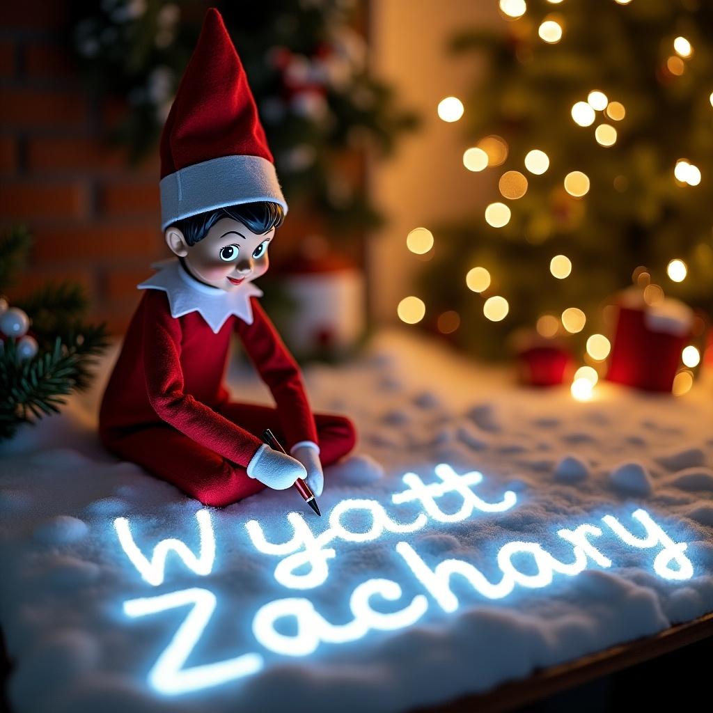 Elf on the shelf writing names Wyatt and Zachary in snow using glowing lights. Christmas setting with soft lighting and festive decorations.