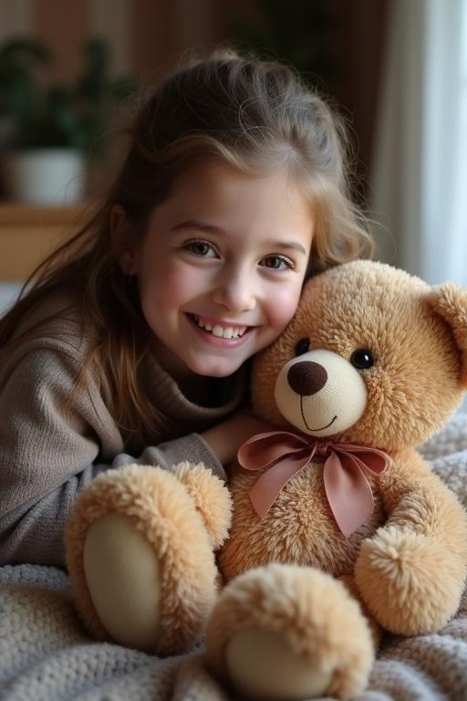 Portrait of a teenage girl cuddling a teddy bear. She has a joyful expression. Warm indoor setting with soft lighting.
